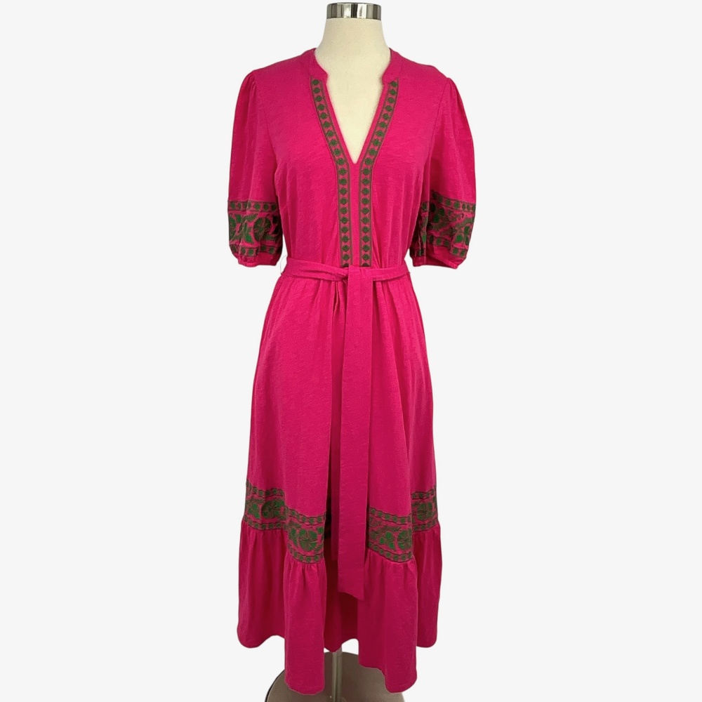 Boden Amara Dress Womens 10 Pink Peony Puff Sleeve Midi Pockets Boho Fit & Flare